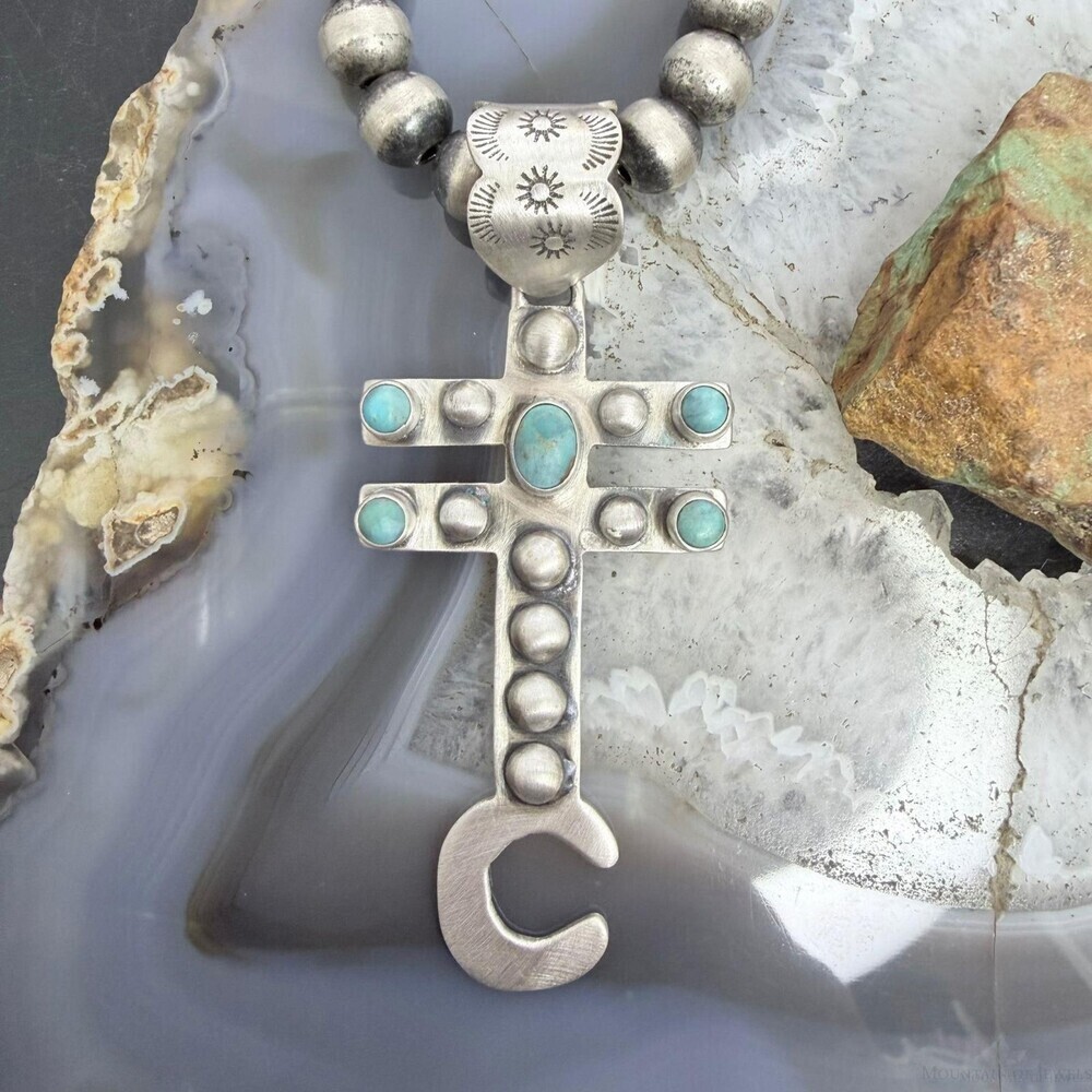 Sterling Silver Southwestern Style Cross with Turquoise Decorated Unisex Pendant